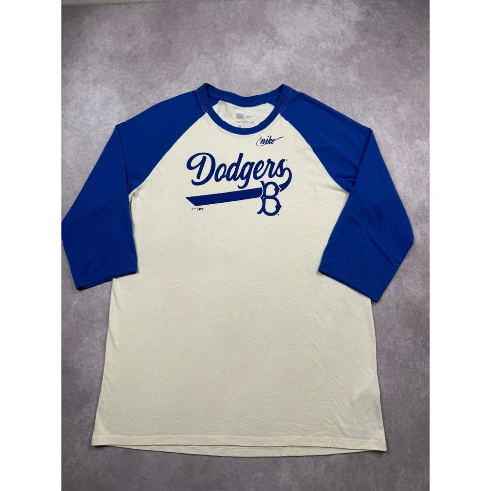 Nike LA Dodgers Cooperstown Raglan 3/4 Sleeve T-Shirt Men L Blue Cream MLB - Picture 1 of 9